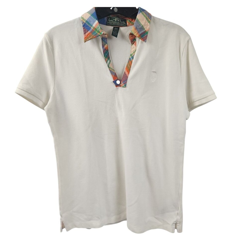 Lauren Ralph Lauren Plaid Collar Polo Shirt Woman Size M White Multicolor Trim